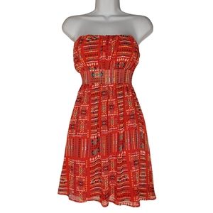 DAISY SHOPPE Silk Red Orange Colorful Geometric Print Strapless Back Tie Dress S